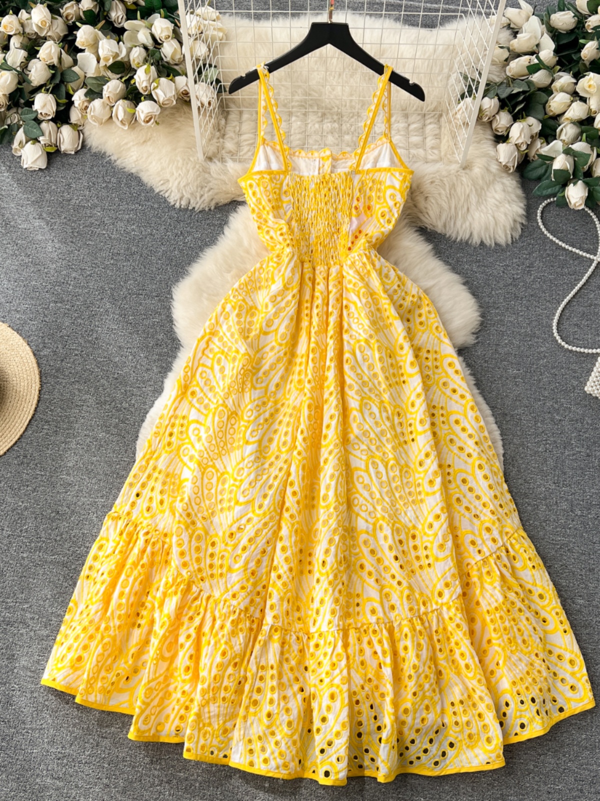 Seaside vacation style printed camisole dress for women in summer with hollowed out slit design, niche and unique super fairy long dress Seaside vacation style printed camisole dress for women in summer with hollowed out slit design, niche and unique super fairy long dress