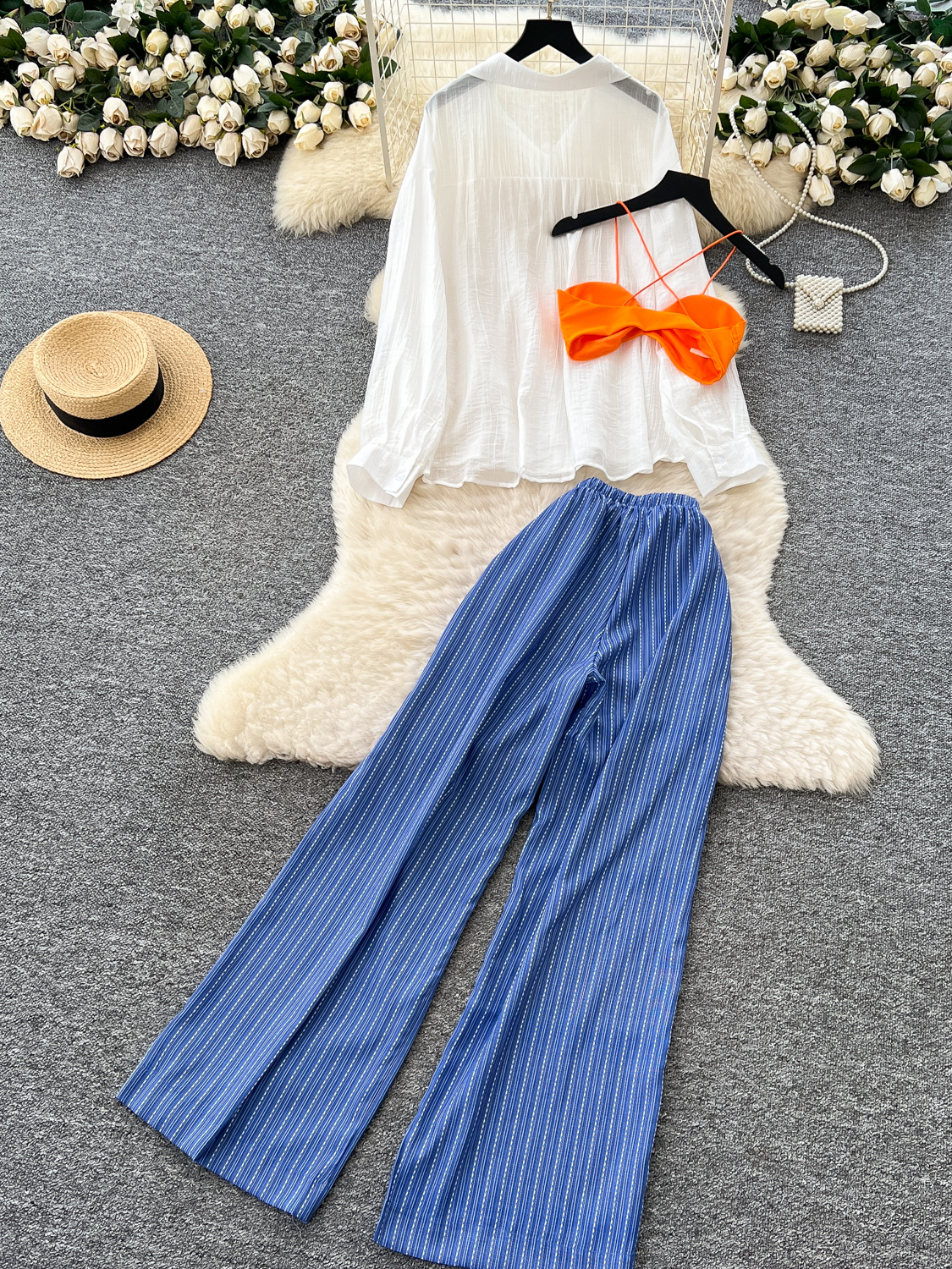 Beach vacation outfit for women, loose casual sun protection cover shirt+bikini camisole+striped wide leg pants Beach vacation outfit for women, loose casual sun protection cover shirt+bikini camisole+striped wide leg pants