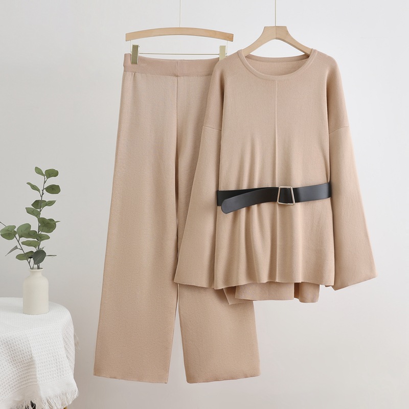 Cross border foreign trade solid color set temperament round neck pullover belt top loose high waist wide leg pants fashionable two-piece set Cross border foreign trade solid color set temperament round neck pullover belt top loose high waist wide leg pants fashionable two-piece set