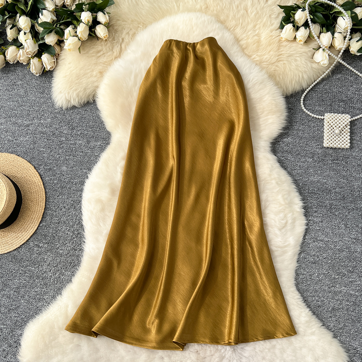 High end satin midi skirt for women 2025 new style, light luxury, high waist, slimming A-line package, hip sagging sensation, fish tail mid length skirt High end satin midi skirt for women 2025 new style, light luxury, high waist, slimming A-line package, hip sagging sensation, fish tail mid length skirt