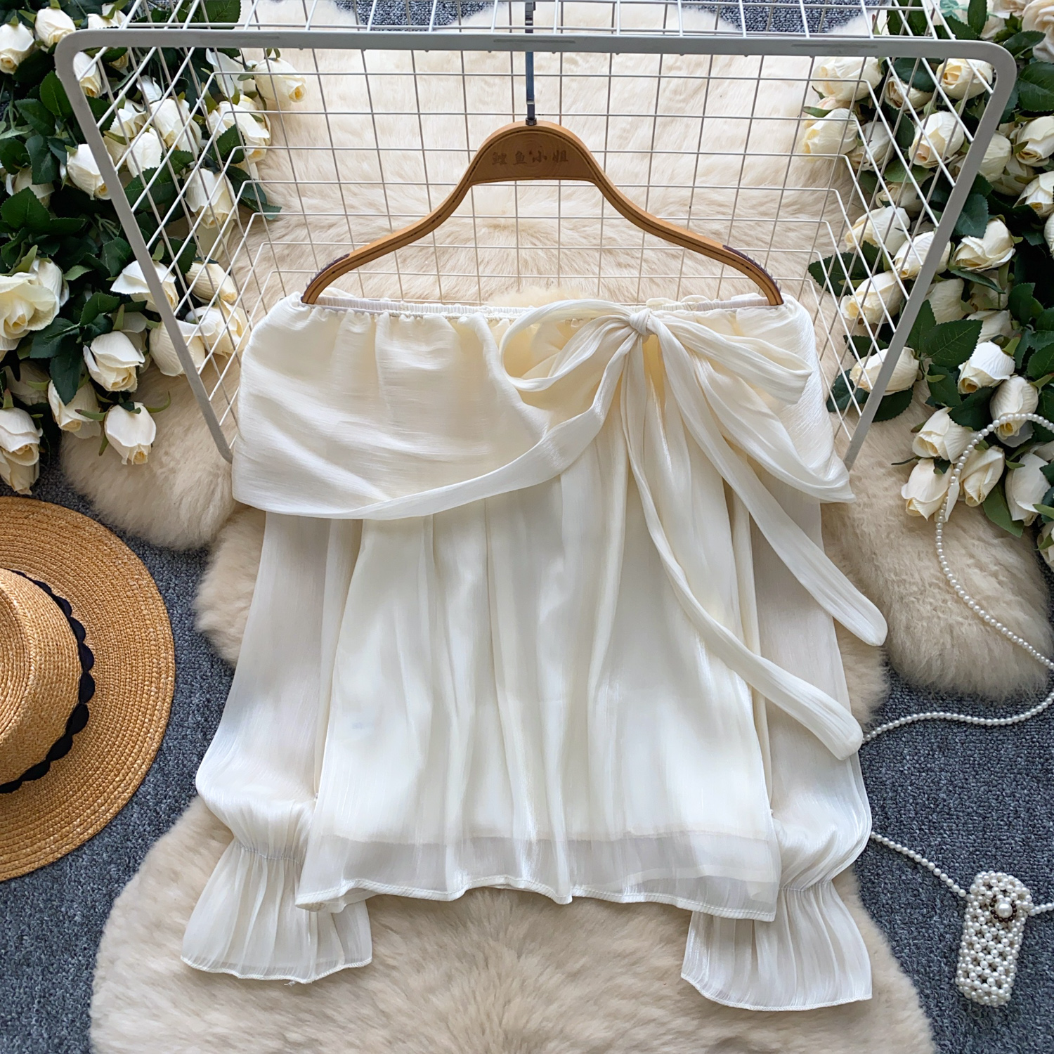 Gentle and elegant one shoulder lace up ruffle edge long sleeved shirt for women in autumn, versatile and stylish pearl mesh top Gentle and elegant one shoulder lace up ruffle edge long sleeved shirt for women in autumn, versatile and stylish pearl mesh top