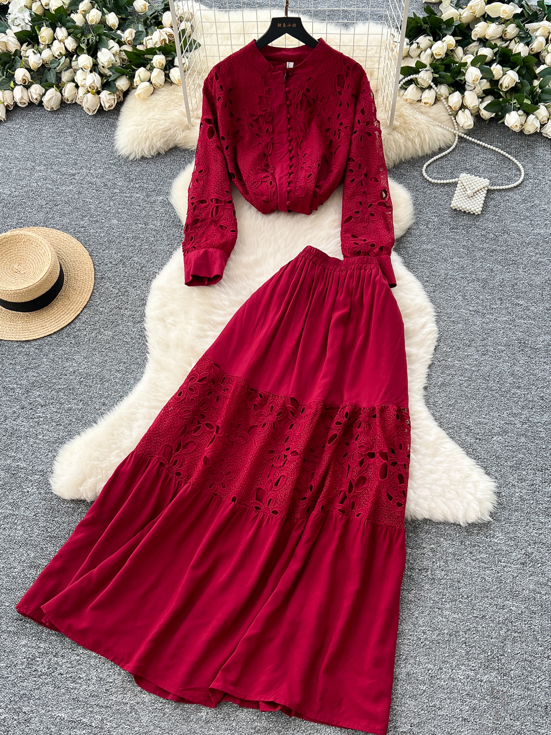 French court style suit, fashionable and heavy industry, with hollowed out hook flower embroidery, long sleeved shirt and high waisted skirt