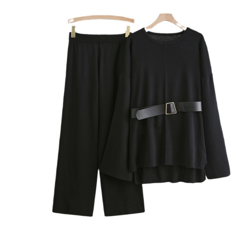 Cross border foreign trade solid color set temperament round neck pullover belt top loose high waist wide leg pants fashionable two-piece set Cross border foreign trade solid color set temperament round neck pullover belt top loose high waist wide leg pants fashionable two-piece set