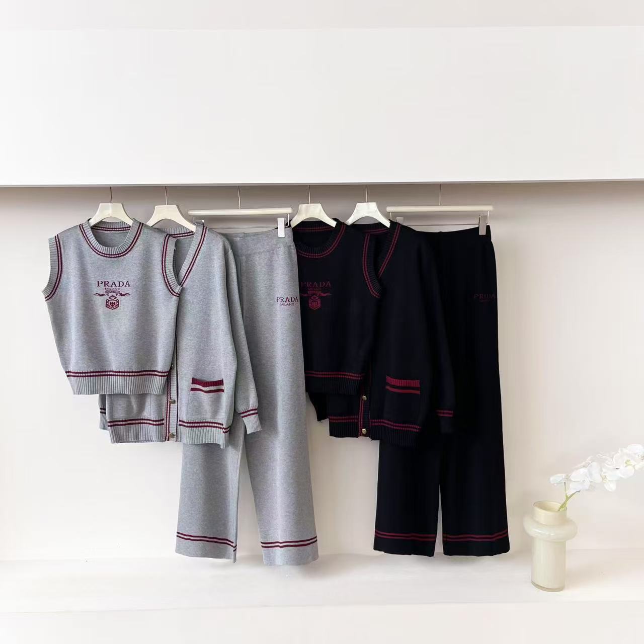 Cross border 2025 new letter sleeveless knitted top cardigan jacket casual wide leg pants three piece set for women Cross border 2025 new letter sleeveless knitted top cardigan jacket casual wide leg pants three piece set for women