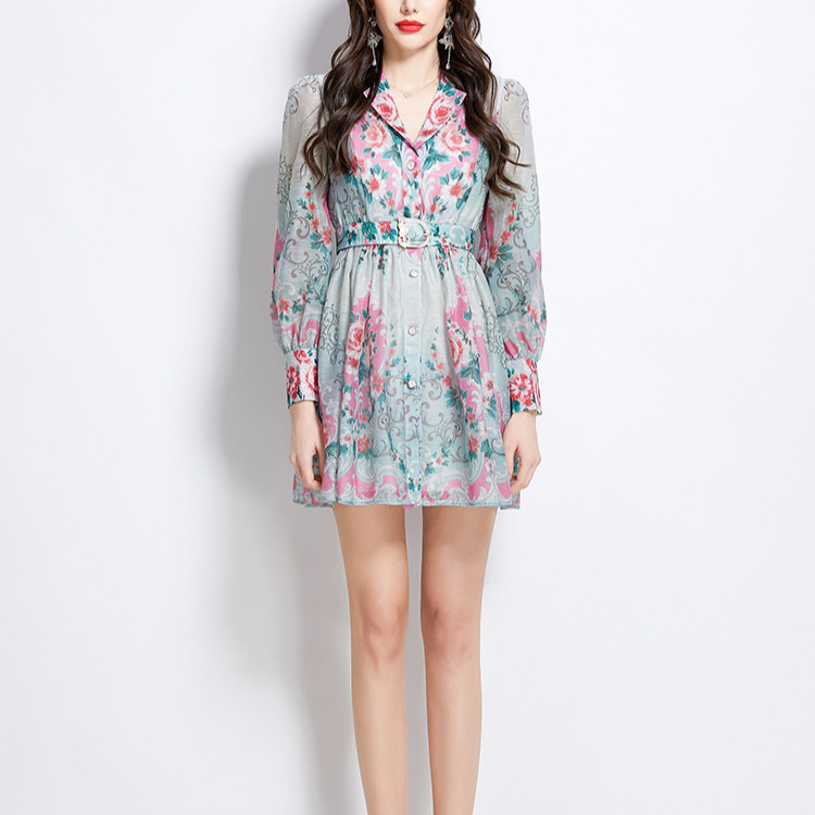 French retro elegant suit collar long sleeved waist cinched printed dress for women's slimming temperament, single breasted A-line skirt