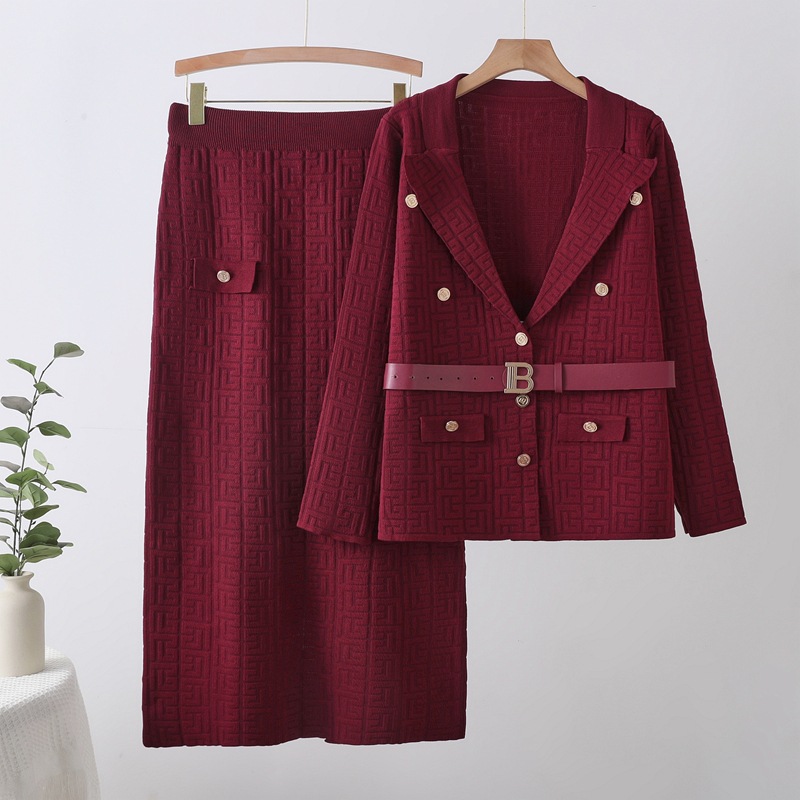 Cross border new comfortable women's clothing maze jacquard pattern B-shaped double breasted lapel, waist cinched knit long sleeved+skirt