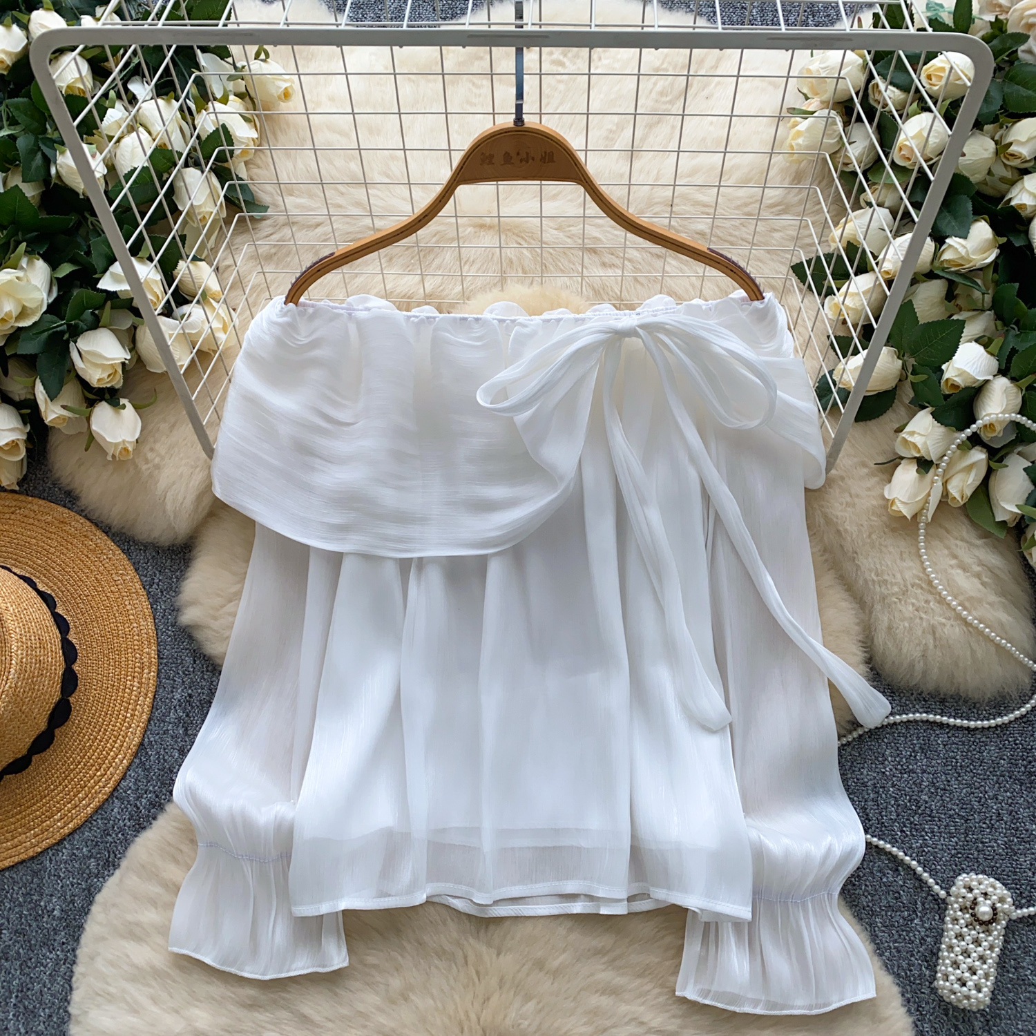 Gentle and elegant one shoulder lace up ruffle edge long sleeved shirt for women in autumn, versatile and stylish pearl mesh top Gentle and elegant one shoulder lace up ruffle edge long sleeved shirt for women in autumn, versatile and stylish pearl mesh top