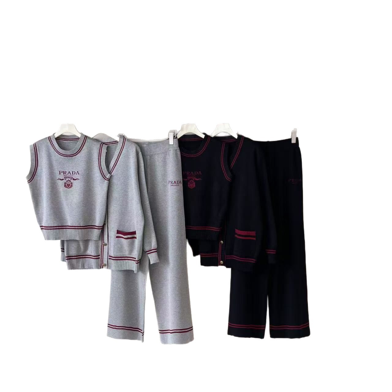 Cross border 2025 new letter sleeveless knitted top cardigan jacket casual wide leg pants three piece set for women Cross border 2025 new letter sleeveless knitted top cardigan jacket casual wide leg pants three piece set for women