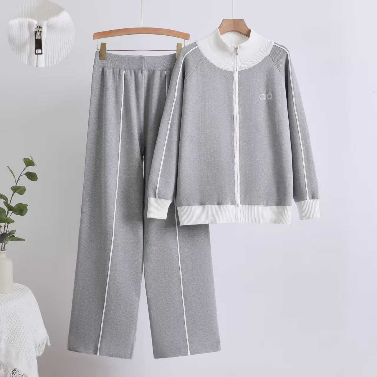 Cross border autumn and winter small fragrance style contrasting color stand up collar casual knitted suit women's versatile zipper jacket elastic straight leg pants