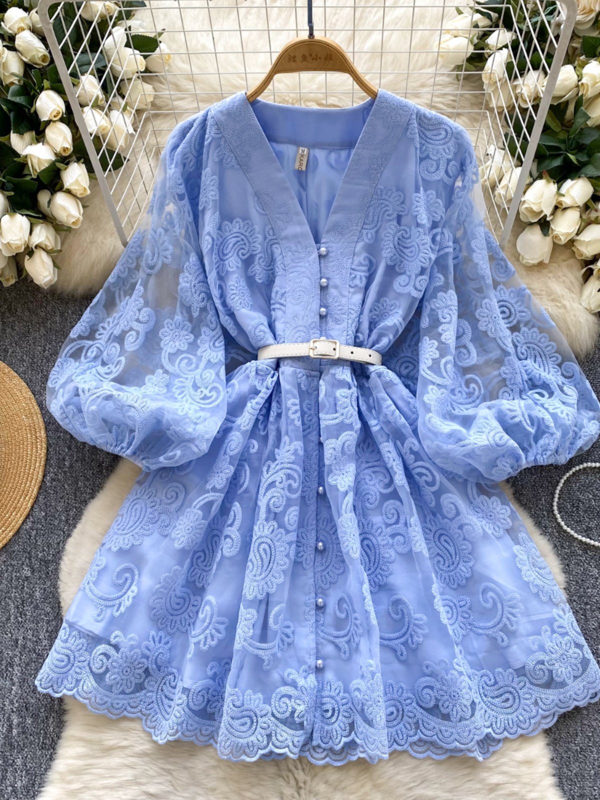 French Sweet Palace Style V-neck Lantern Sleeve Heavy Embroidery Waist slimming Single breasted A-line Elegant Dress for Women