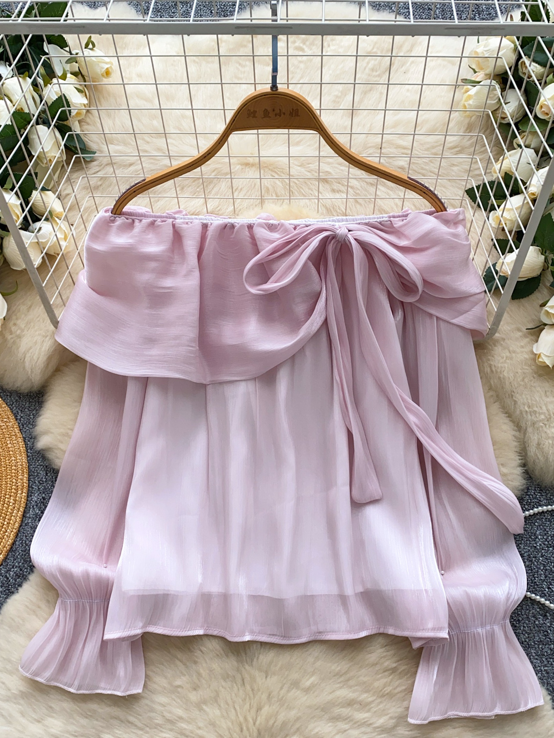 Gentle and elegant one shoulder lace up ruffle edge long sleeved shirt for women in autumn, versatile and stylish pearl mesh top