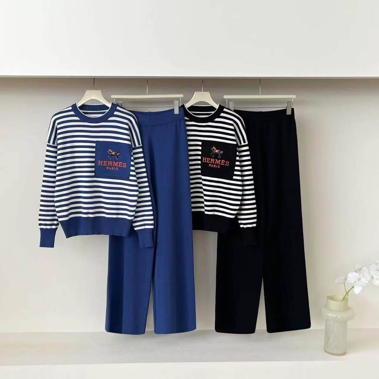 Cross border 2025 round neck pullover knitted striped top, casual high waisted wide leg pants two-piece set, spring and autumn new popular items