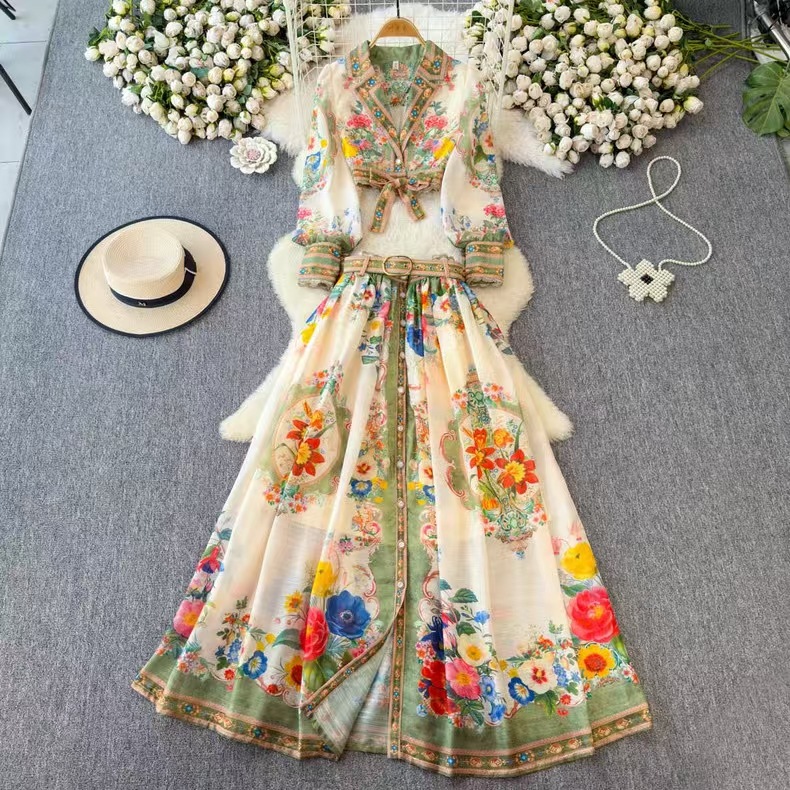 Palace style set, women's French bow tie, waist cinching, short style, lapel, long sleeved top, breasted printed skirt