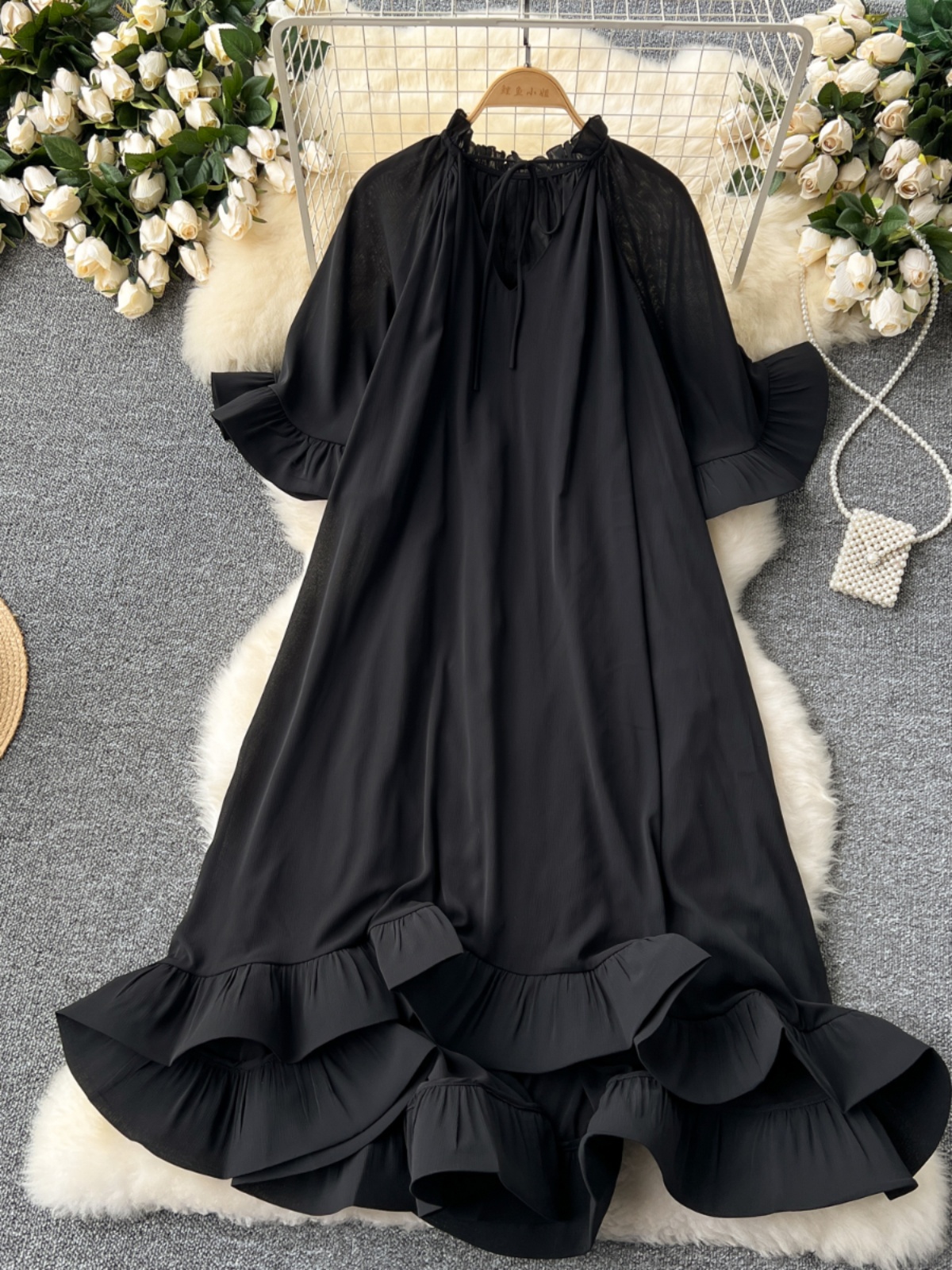 European and American niche palace style lotus leaf edge dress, women's high-end sense, loose and slimming temperament, vacation dress, long skirt European and American niche palace style lotus leaf edge dress, women's high-end sense, loose and slimming temperament, vacation dress, long skirt