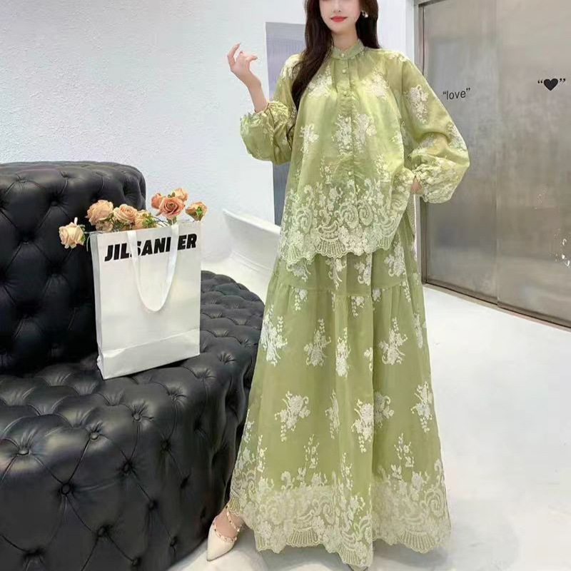 French gentle style pink embroidered round neck lantern sleeve shirt+high waist slimming half length long skirt two-piece set