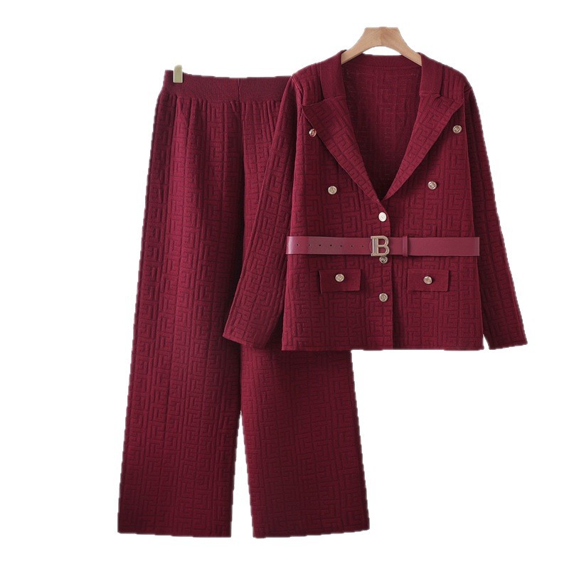 Cross border new comfortable women's clothing maze jacquard pattern B-shaped breasted lapel, waist cinched knit long sleeved pants set Cross border new comfortable women's clothing maze jacquard pattern B-shaped breasted lapel, waist cinched knit long sleeved pants set