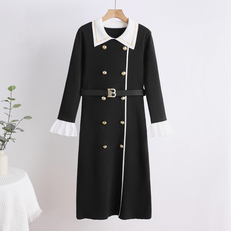 Cross border high-end atmosphere, formal occasion, small fragrance style, waist cinching, long sleeved slimming, Hepburn knitted mid length dress