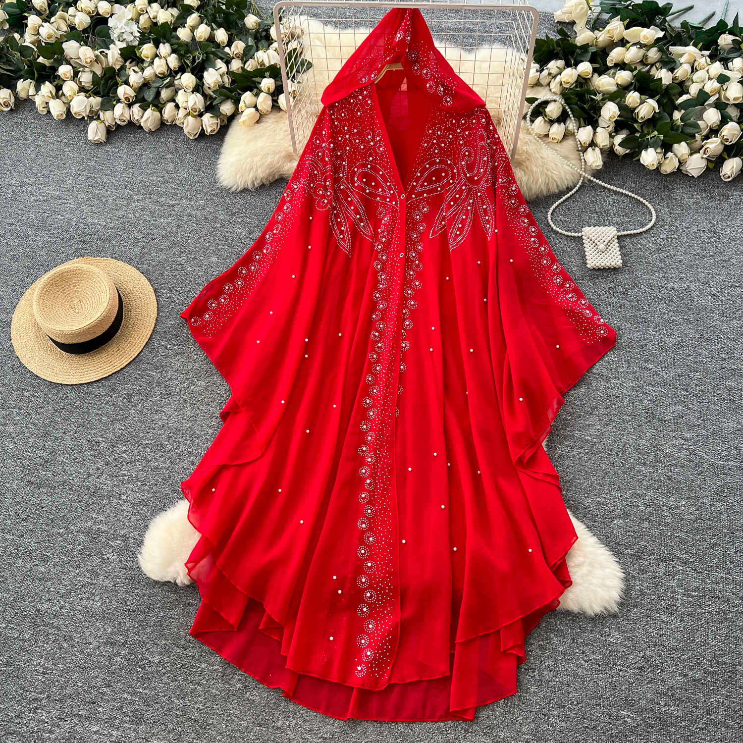 European and American fashion heavy industry nail bead hooded shawl jacket women's summer loose irregular thin cape mesh hood shirt European and American fashion heavy industry nail bead hooded shawl jacket women's summer loose irregular thin cape mesh hood shirt