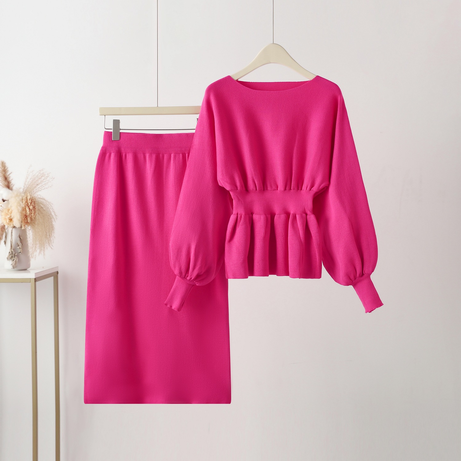 Fashion Set for Women 2023 Spring and Autumn Vintage Bag Hip, Waist, and Slimming Knitted Dress Two Piece Set Round Neck Solid Color Fashion Set for Women 2023 Spring and Autumn Vintage Bag Hip, Waist, and Slimming Knitted Dress Two Piece Set Round Neck Solid Color