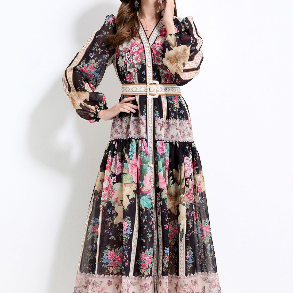 Positioning printed dress 2025 spring vacation style with waist cinching and slimming temperament, single breasted large swing European and American long skirt for women