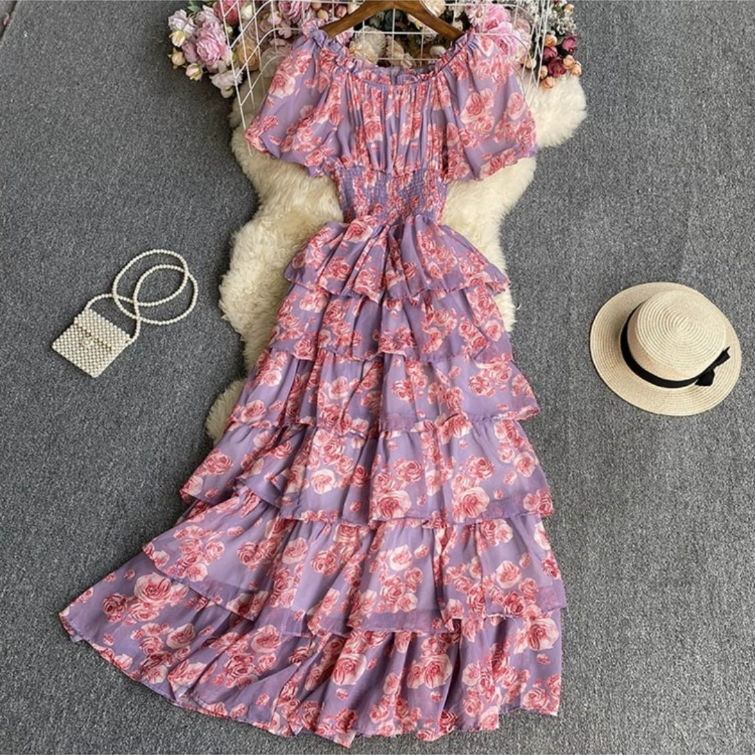 Retro floral chiffon dress for women's summer new style, bubble short sleeved waist slimming and vacation high-end cake skirt
