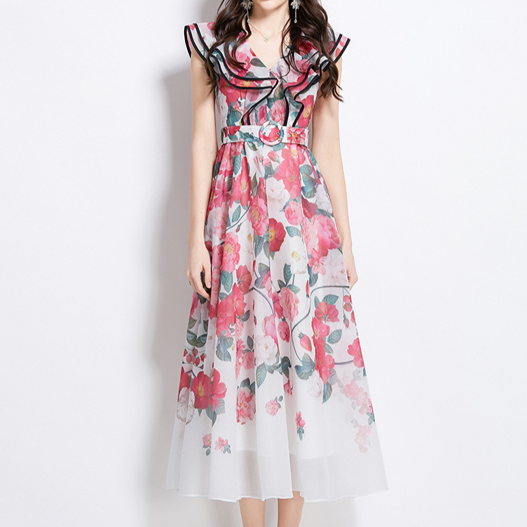 French elegant dress for female summer socialite, high-end feeling with ruffled edges, V-neck, cinched waist, slimming effect, printed long skirt with large swing