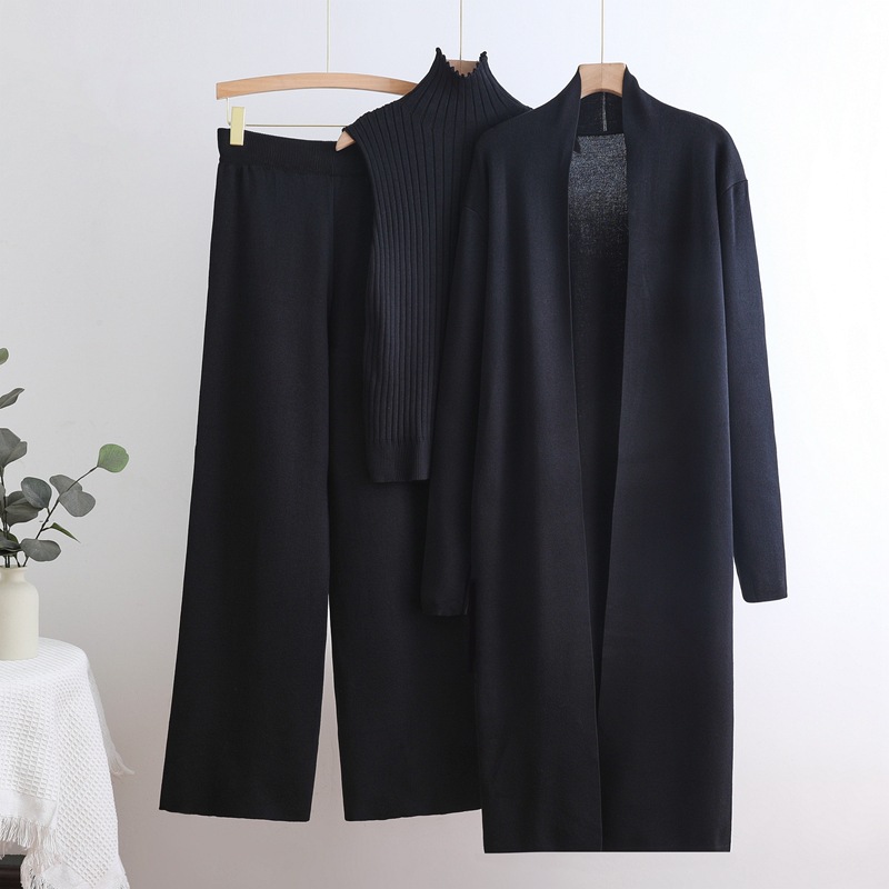 Autumn and winter goddess style long windbreaker, high neck, inner vest, sweater, elastic waist, wide leg pants, knitted three piece set Autumn and winter goddess style long windbreaker, high neck, inner vest, sweater, elastic waist, wide leg pants, knitted three piece set