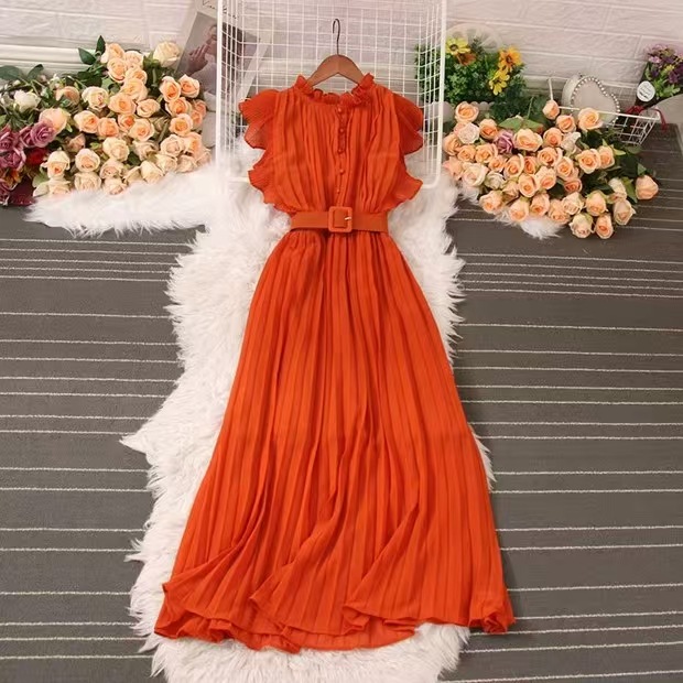 High end feeling, light luxury temperament, flying sleeves, round neck, waist cinching, slimming A-line pleated dress, elegant large swing long skirt