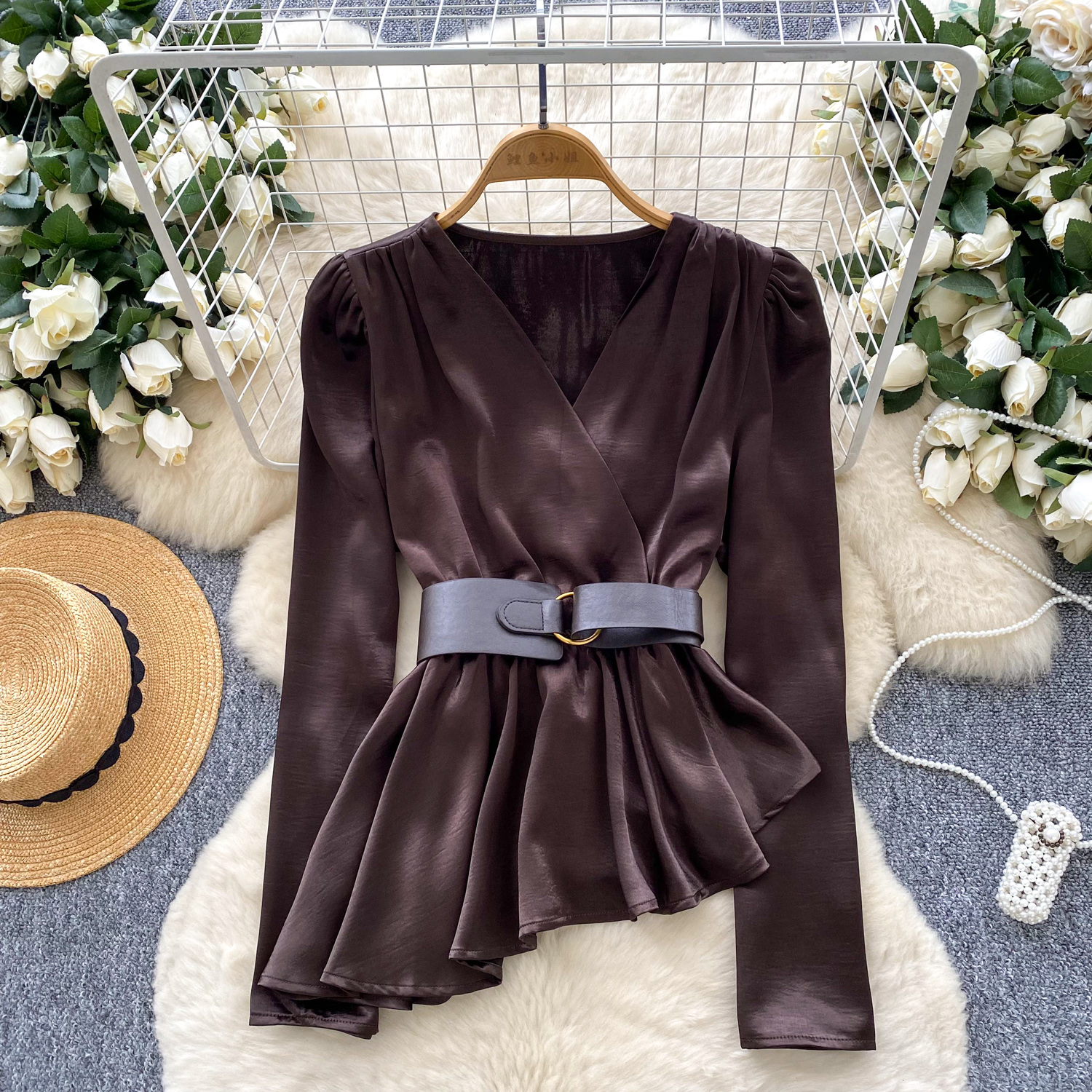 Wealthy heiress style satin long sleeved shirt for women in autumn, irregular belt design, high-end temperament, trendy top Wealthy heiress style satin long sleeved shirt for women in autumn, irregular belt design, high-end temperament, trendy top