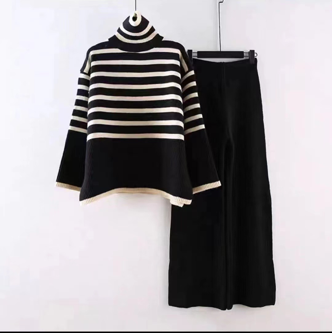 Two piece set of oversized loose and versatile high neck knitted sweater for women+high waist hanging straight leg casual knitted wide leg pants Two piece set of oversized loose and versatile high neck knitted sweater for women+high waist hanging straight leg casual knitted wide leg pants
