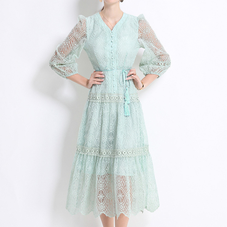 French high-end elegant dress with women's high-end feel, tied waist, lantern sleeves, embroidered mesh, A-line knee length long skirt