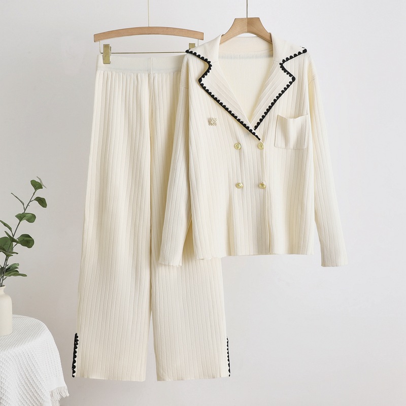 Cross border 2025 autumn and winter new solid color high-end temperament jacket slimming knitted high waisted pants two-piece set Cross border 2025 autumn and winter new solid color high-end temperament jacket slimming knitted high waisted pants two-piece set
