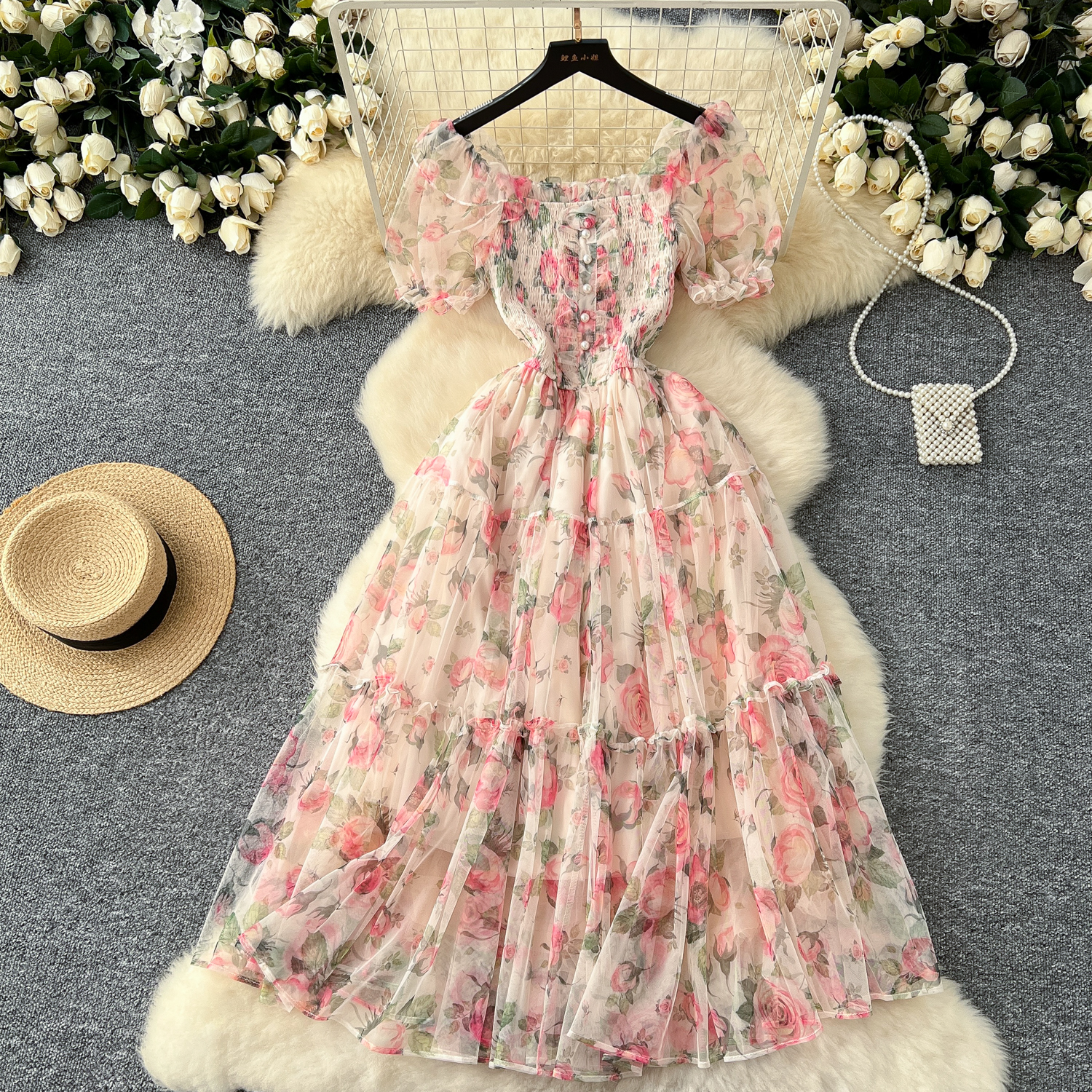 Tea break retro French gentle style floral chiffon dress for women with a cinched waist and a one shoulder puff sleeve mesh skirt Tea break retro French gentle style floral chiffon dress for women with a cinched waist and a one shoulder puff sleeve mesh skirt