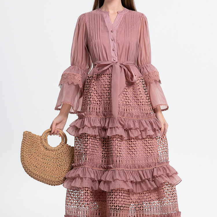 French elegant and gentle style flared sleeves with hollowed out lace patchwork cake dress, women's waist cinched to show off thinness and long temperament