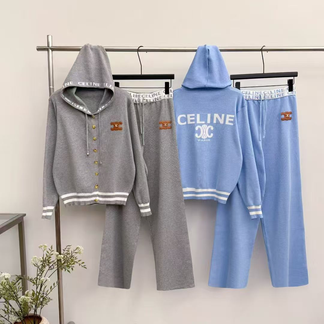 Cross border fashion hooded letter printed cardigan jacket, elastic waist wide leg pants, knitted two-piece set, casual and versatile