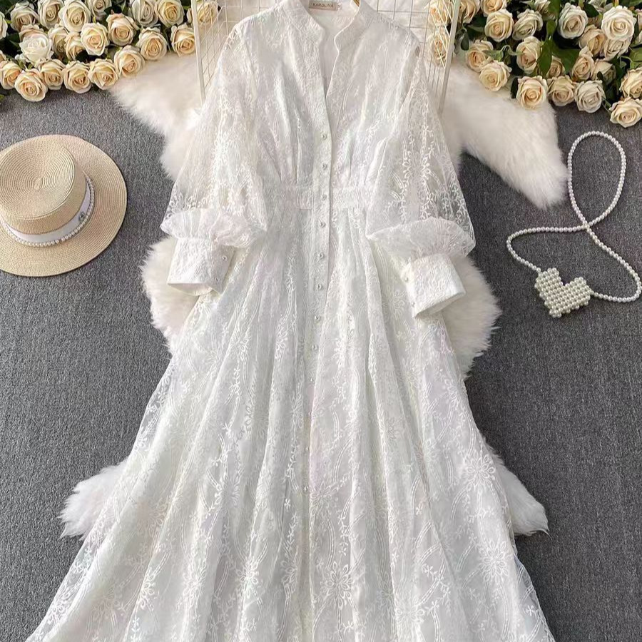 French retro elegant dress for women 2025 new high-end style stand up collar, single breasted waist, embroidered mesh long dress