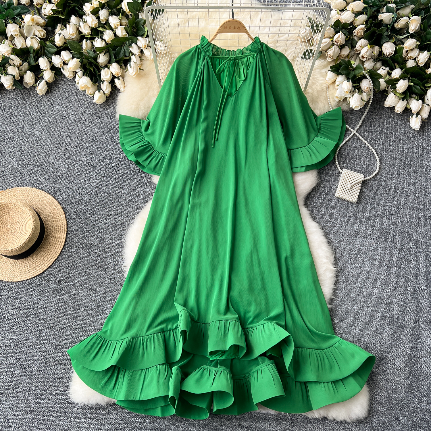 European and American niche palace style lotus leaf edge dress, women's high-end sense, loose and slimming temperament, vacation dress, long skirt European and American niche palace style lotus leaf edge dress, women's high-end sense, loose and slimming temperament, vacation dress, long skirt