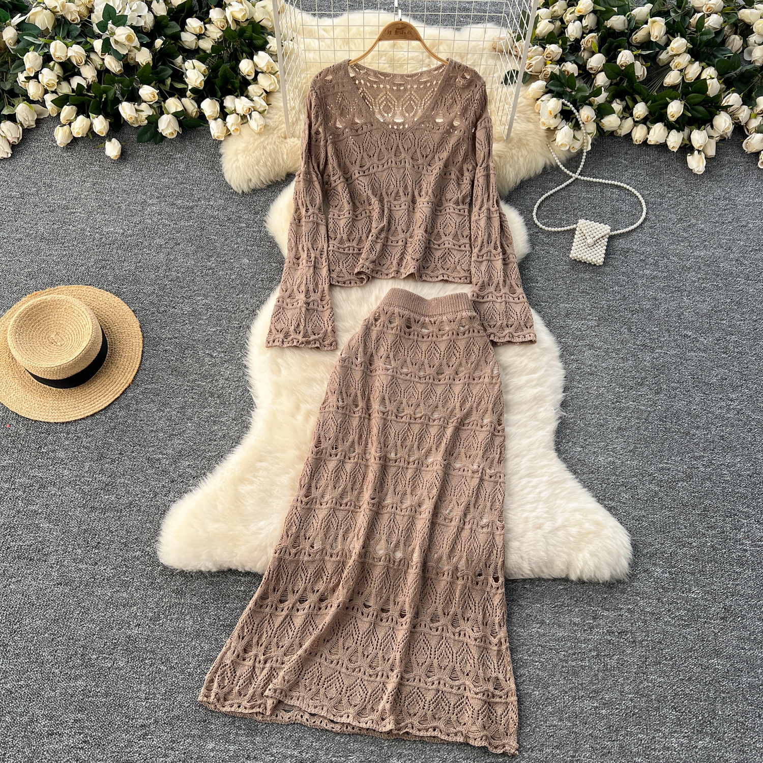 Two piece temperament set for women, gentle and versatile with flared sleeves and hollowed out crochet knit top+high waist slimming skirt Two piece temperament set for women, gentle and versatile with flared sleeves and hollowed out crochet knit top+high waist slimming skirt