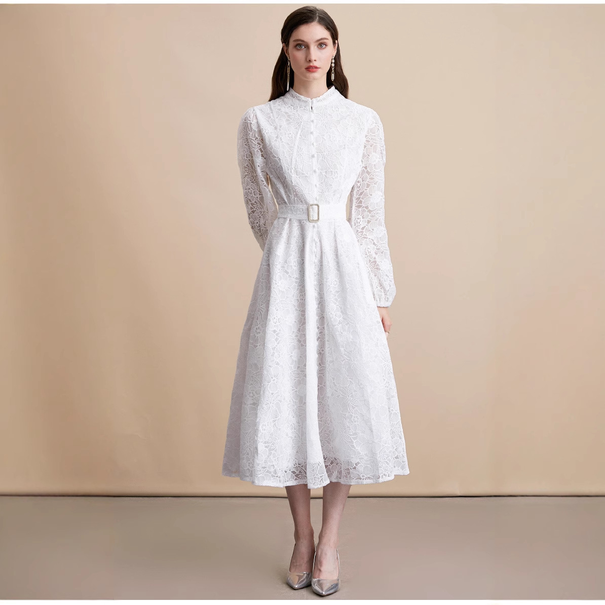 French elegant socialite temperament, heavy lace embroidery stand up collar dress, women's autumn single breasted cinched waist large swing skirt