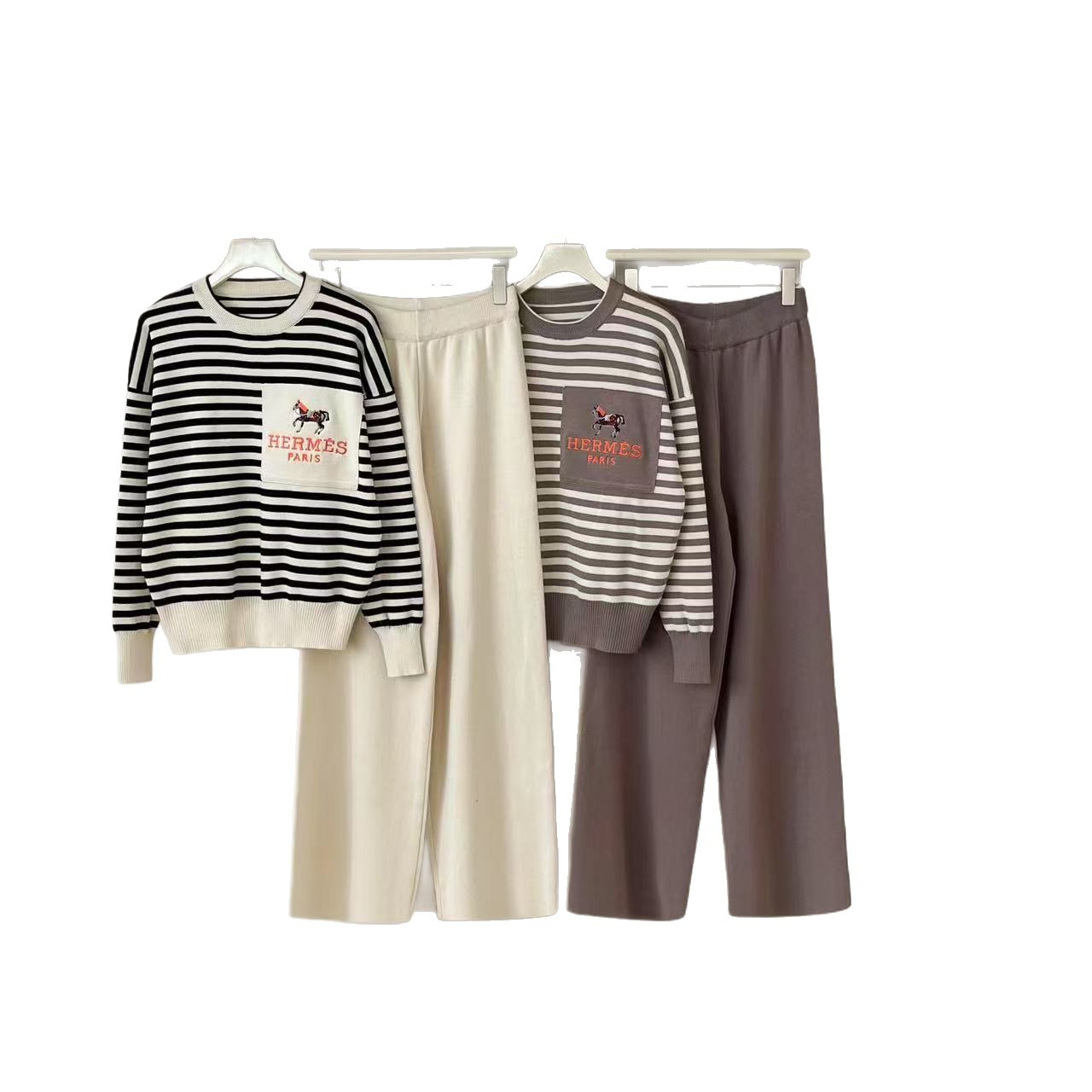 Cross border 2025 round neck pullover knitted striped top, casual high waisted wide leg pants two-piece set, spring and autumn new popular items Cross border 2025 round neck pullover knitted striped top, casual high waisted wide leg pants two-piece set, spring and autumn new popular items