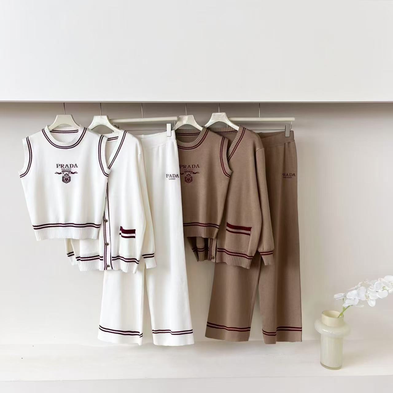 Cross border 2025 new letter sleeveless knitted top cardigan jacket casual wide leg pants three piece set for women Cross border 2025 new letter sleeveless knitted top cardigan jacket casual wide leg pants three piece set for women