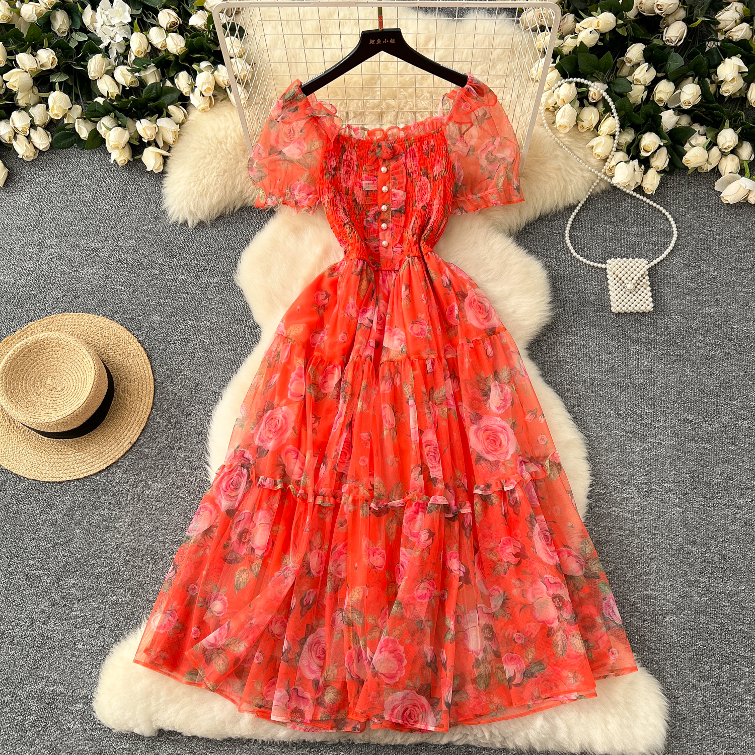 Tea break retro French gentle style floral chiffon dress for women with a cinched waist and a one shoulder puff sleeve mesh skirt Tea break retro French gentle style floral chiffon dress for women with a cinched waist and a one shoulder puff sleeve mesh skirt