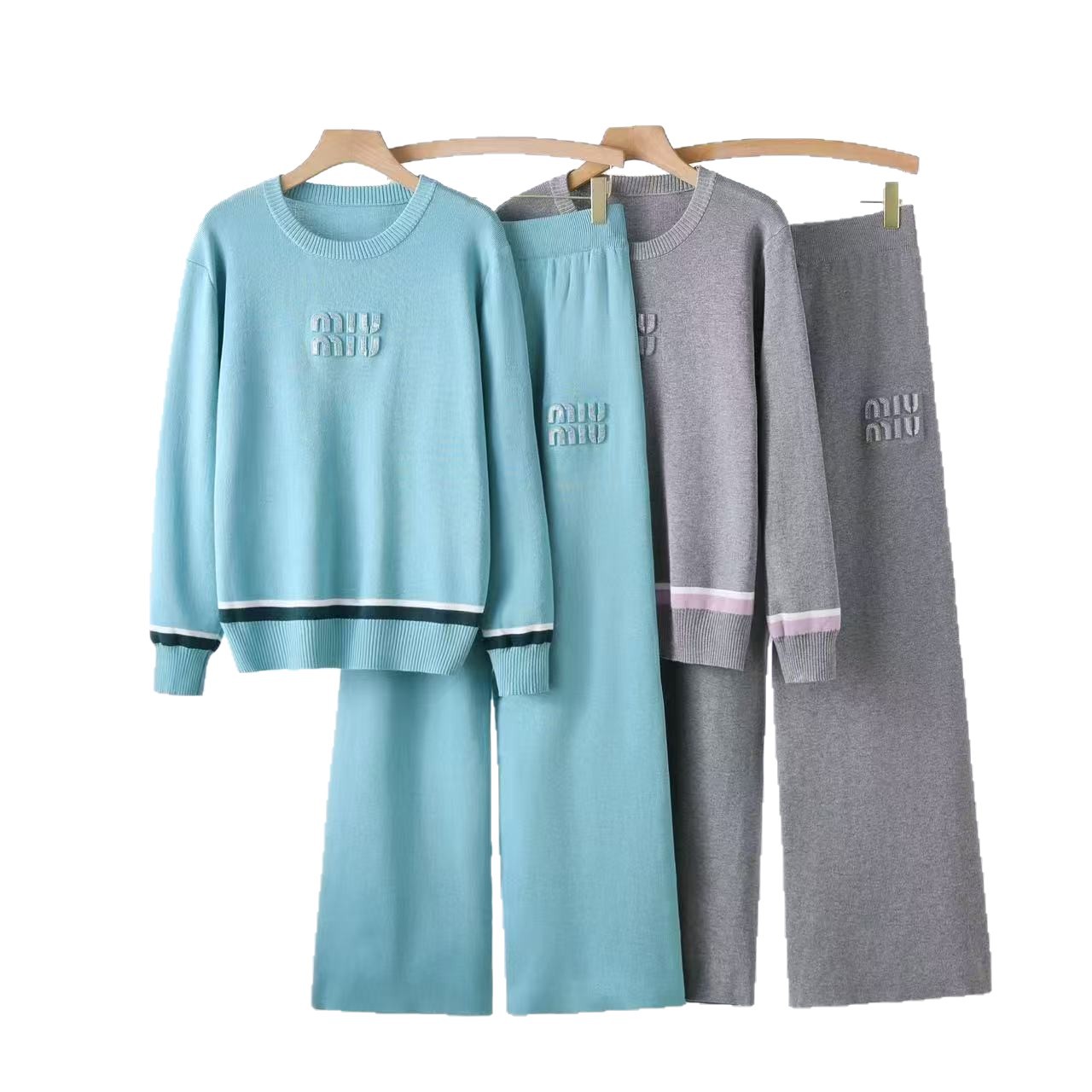 Cross border women's knitted suit early spring new fashionable and versatile commuting letter printed knitted top with high waist and wide legs Cross border women's knitted suit early spring new fashionable and versatile commuting letter printed knitted top with high waist and wide legs
