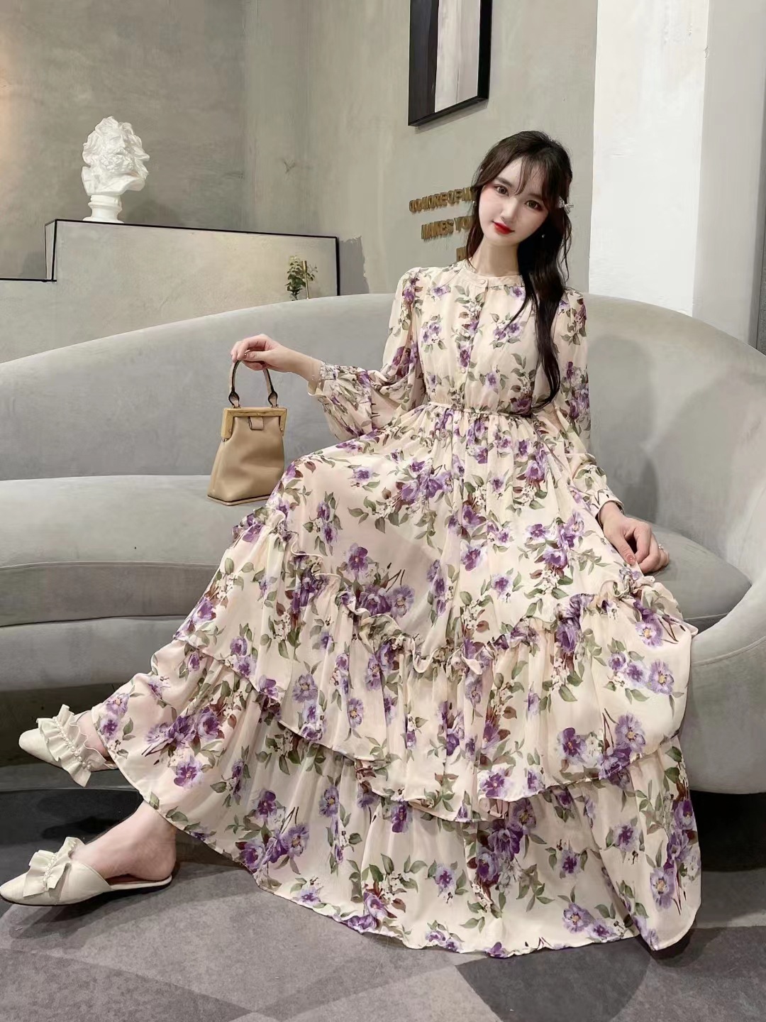 Real shot of 2022 summer temperament, mid length nine quarter sleeve chiffon floral cake skirt, oversized display foreign trade dress for women