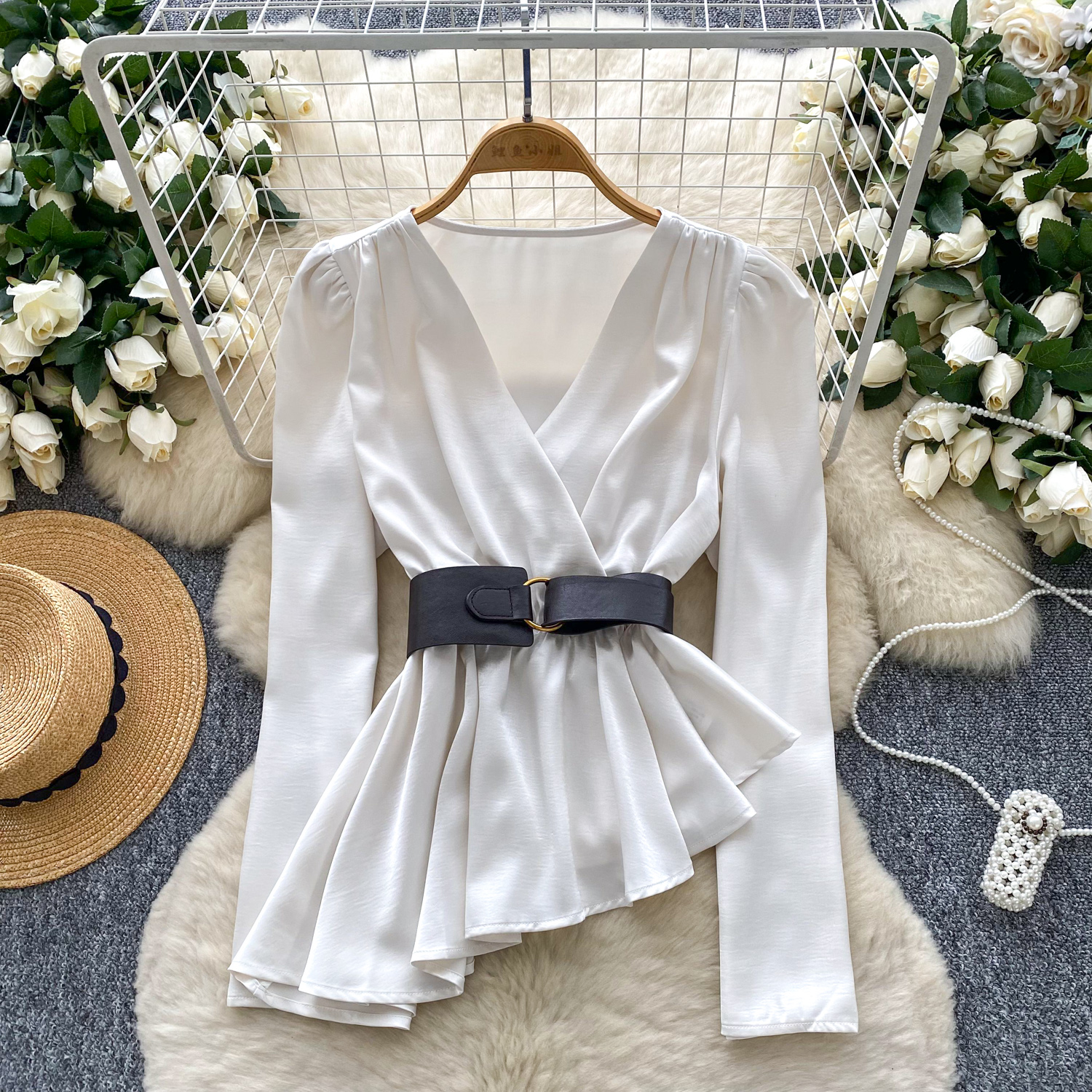 Wealthy heiress style satin long sleeved shirt for women in autumn, irregular belt design, high-end temperament, trendy top Wealthy heiress style satin long sleeved shirt for women in autumn, irregular belt design, high-end temperament, trendy top