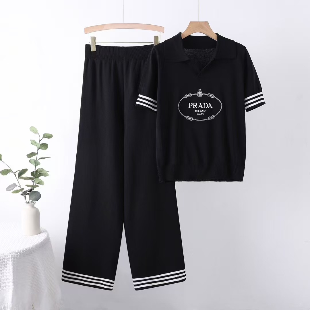 Summer fashion short sleeved letter printed pullover top, wide leg pants, knitted foreign trade two-piece set, sports and leisure suit Summer fashion short sleeved letter printed pullover top, wide leg pants, knitted foreign trade two-piece set, sports and leisure suit