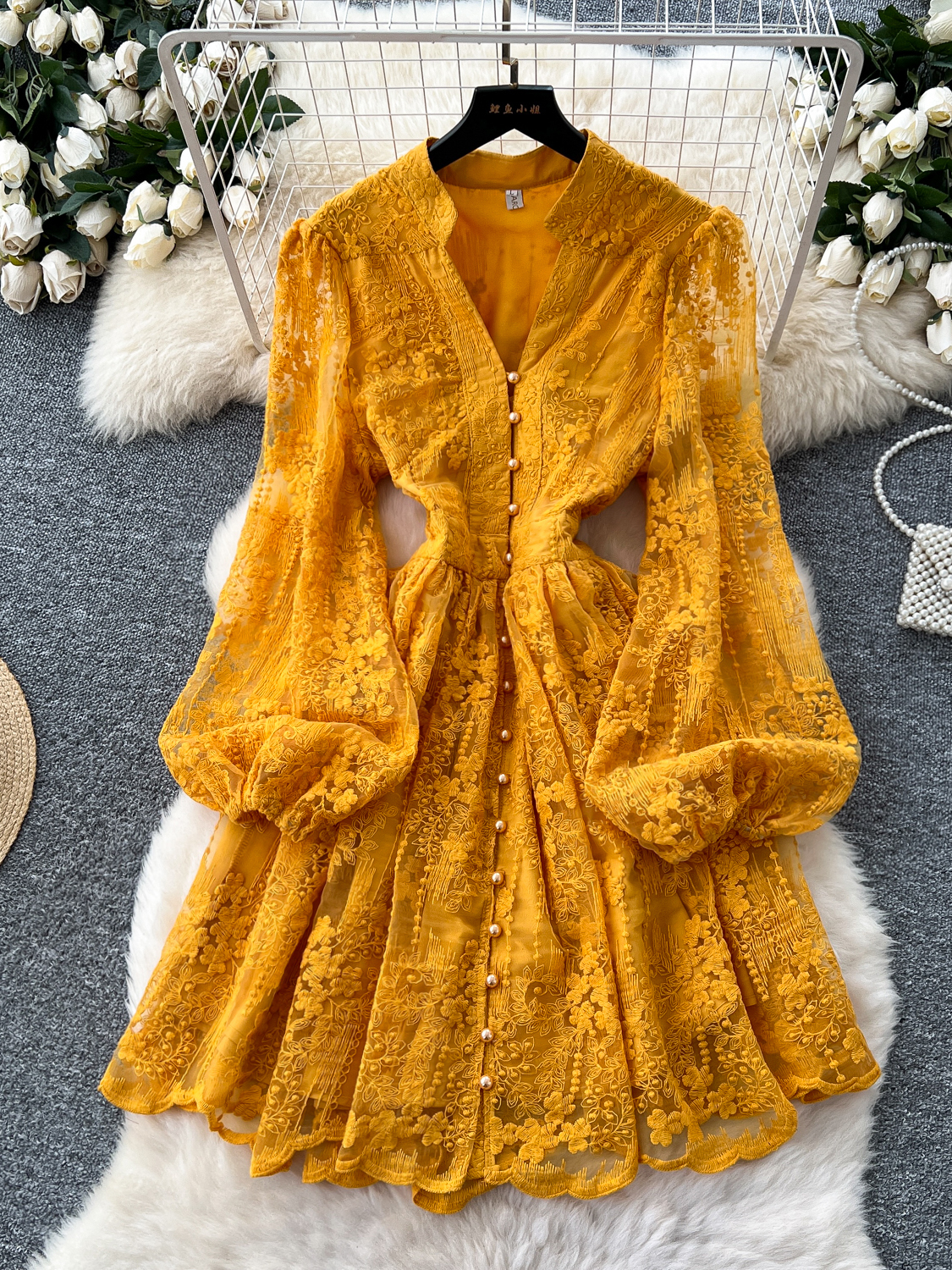 French high-end temperament, light luxury V-neck single breasted lantern sleeve embroidered mesh dress, women's cinched waist slimming A-line skirt