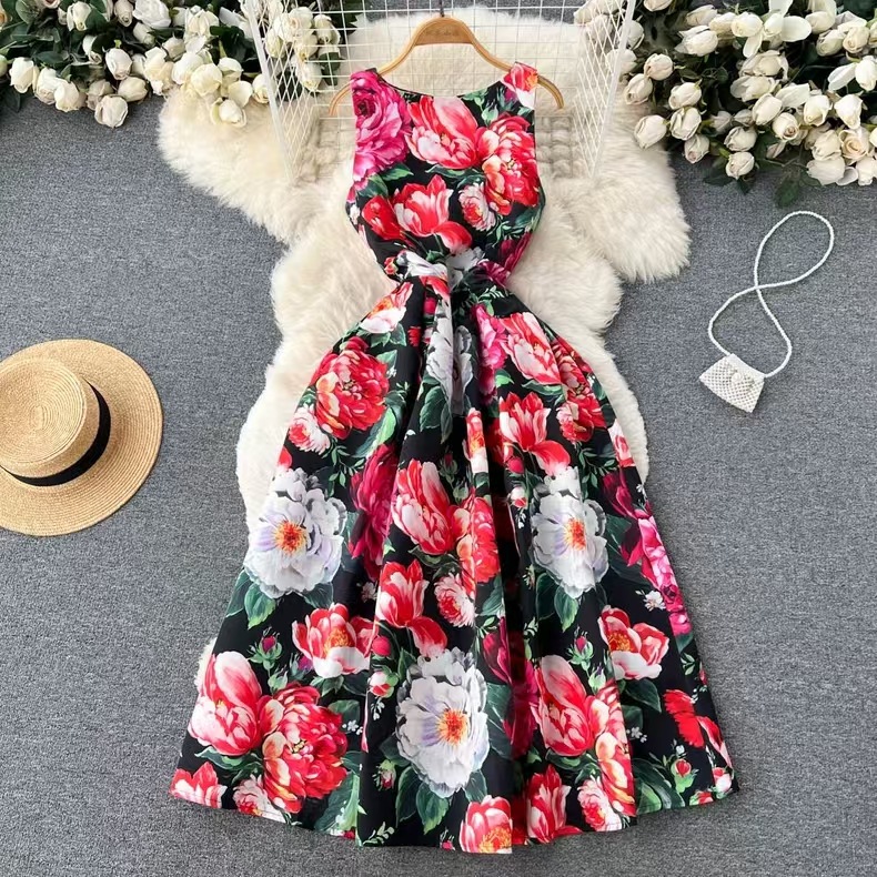 Ethnic style waist cinching slimming sleeveless vest dress for children's wear new 2025 dress printed A-line skirt