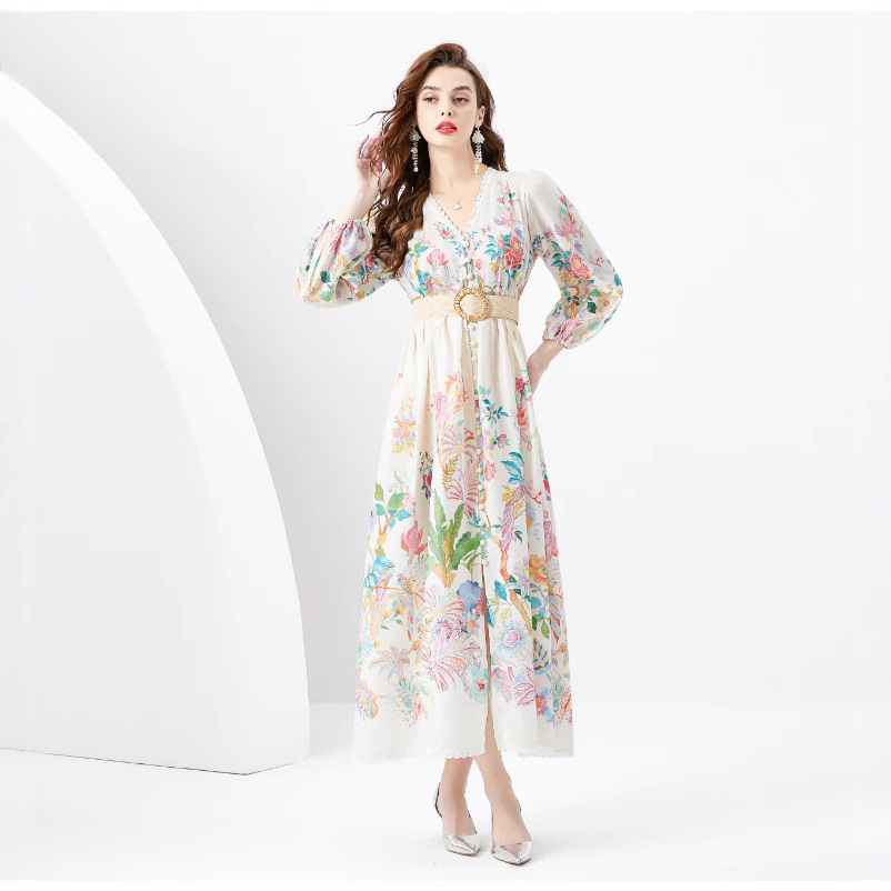 French court style dress, women's sweet lace lace lace V-neck buckle slim fit long design, printed dress