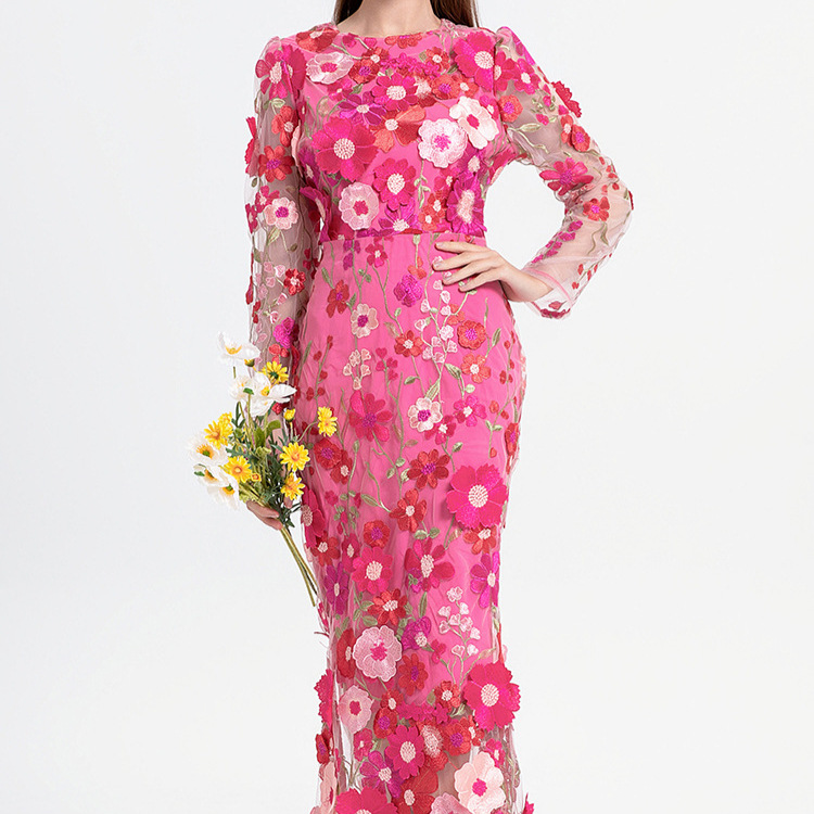 High end women's dress, early spring new style, French heavy industry three-dimensional flower embroidery, waist cinching, slim fitting fishtail dress dress